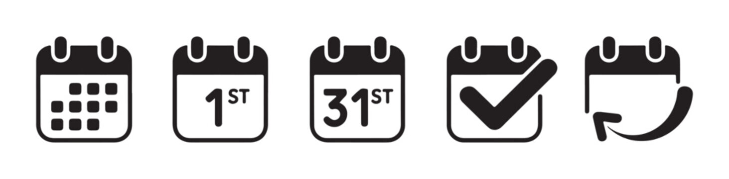 Professional black calendar icon pack including first and thirty first day ordinal date markers.