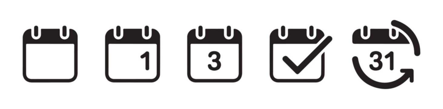 Modern calendar icon sequence displaying various dates and recurring event cycle planning symbols.