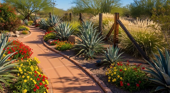 Desert Xeriscape Garden with Agave Plants and Colorful Flowers along a Winding Path. arizona front yard