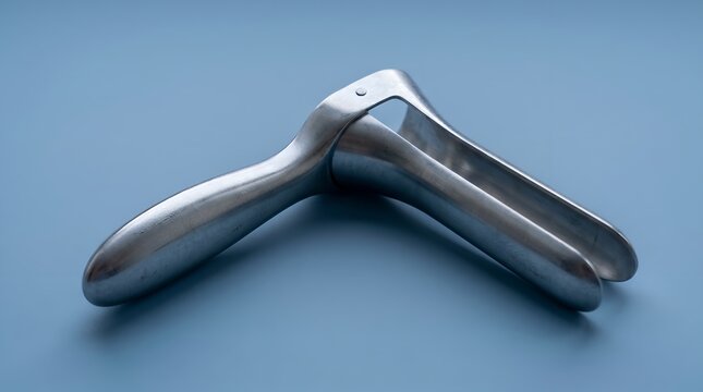 stainless steel medical speculum on blue background