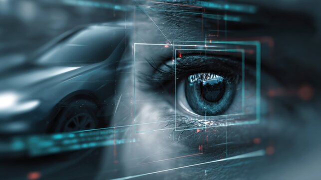 Futuristic high tech biometric eye scan interface concept with digital overlay graphics data visualization facial recognition scanning over a closeup eye and blurred driving vehicle background