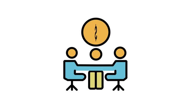 Animated icon of a business team discussion with an exclamation mark chart, representing a crisis meeting, critical project issue, or urgent strategy.