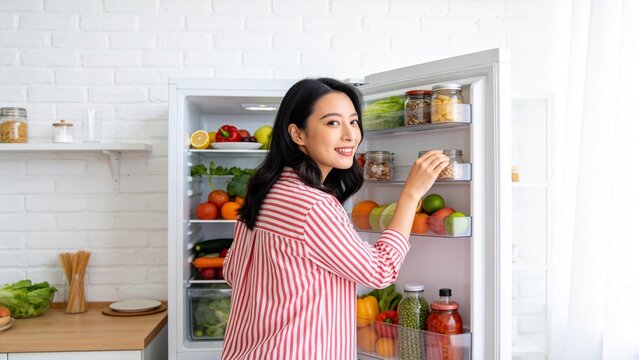 Woman opening fridge with food
