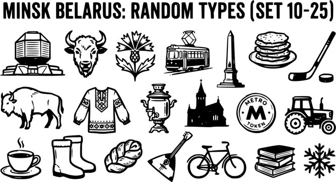 Belarusian Culture  Minsk City Icons Set. Monochrome Line Art Illustrations of National Symbols, Landmarks, and Traditional Elements.