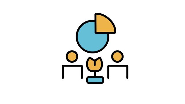 Animated icon of three people analyze a chart diagram with exclamation mark, representing team project warning, audit finding, or risk alert.
