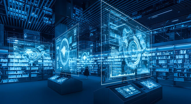 Immersive futuristic digital library interior showcasing advanced holographic data visualizations and interactive artificial intelligence interfaces within a vibrant blue, high-tech environment