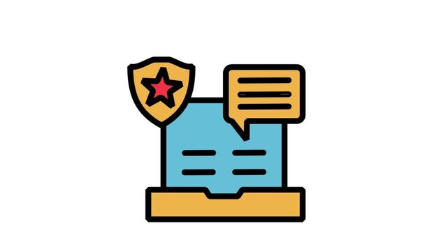 nimated icon of a computer monitor displaying legal policy document with a shield, representing digital data protection, safe privacy compliance.