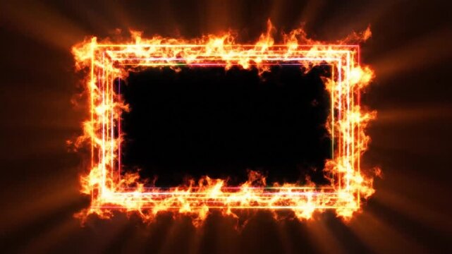 Fiery frame with light rays on black background for design element