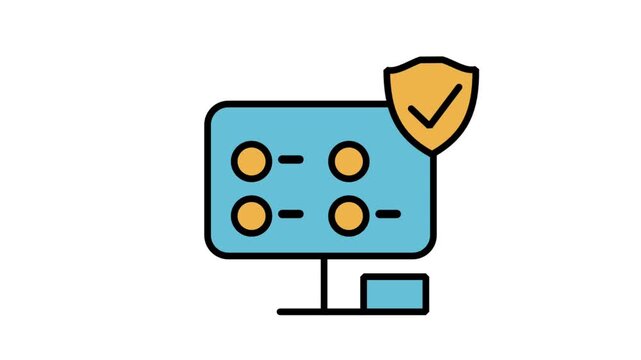Animated icon of a server rack computer setup with a secure shield on front, representing database security, cloud privacy, cyber protection.