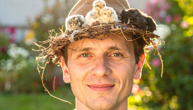 Man with bird nest hat adorned with tiny chirping chicks, a whimsical outdoor portrait