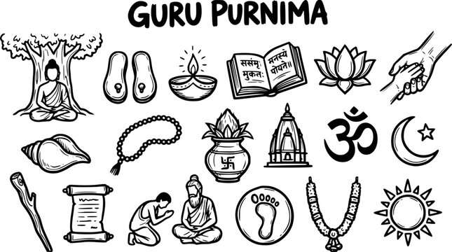 Guru Purnima Spiritual  Cultural Black Line Art Icons Set. Featuring Hindu  Buddhist symbols like Guru, Om, Lotus, Book, Diya, Temple, and teacher-student elements.