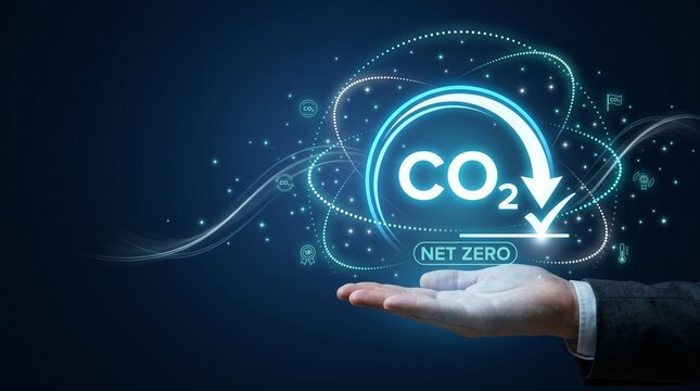 Businessman hand holding glowing co2 net zero icon, carbon footprint reduction, greenhouse gas emission control, esg and climate change concept