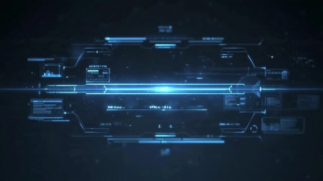 Futuristic digital interface with glowing blue circuit lines and data flow animation in dark cyber space