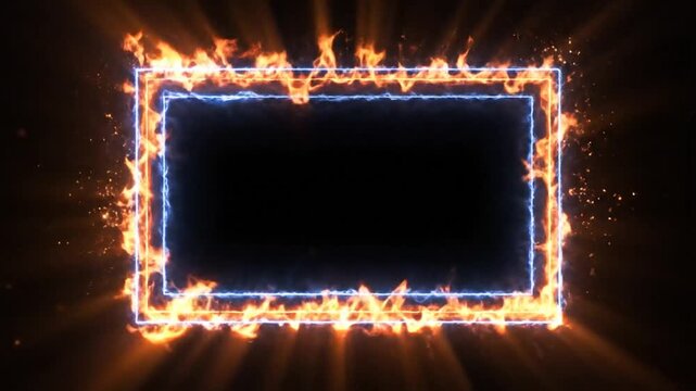 Fiery frame with vibrant flames and energetic light on black background