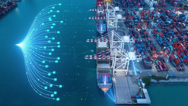 Glowing digital data logistics cargo AI management networks overlaid on a commercial cargo container ship port. artificial intelligence supply chain, and future shipping tech. Smart maritime logistics