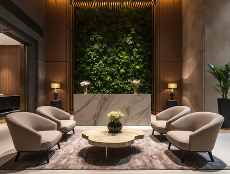 Hall d'h&ocirc;tel de luxe avec r&eacute;ception en marbre, mur v&eacute;g&eacute;tal, fauteuils beige et table basse en bois sur tapis moelleux, espace lounge raffin&eacute;