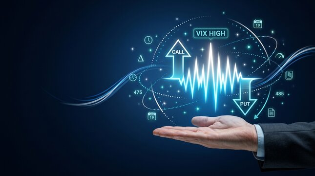 Digital concept of financial options trading, vix volatility, and market analysis with glowing call and put arrows, held by a business hand