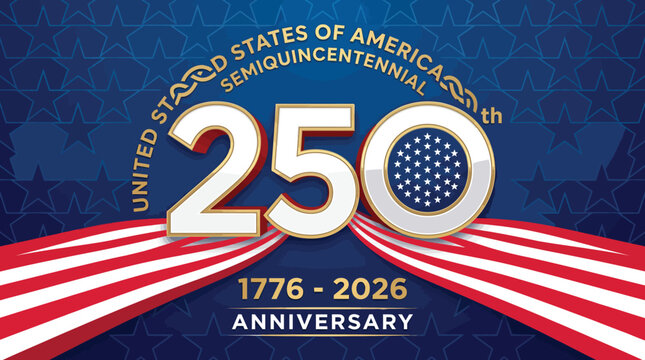 United States 250th Anniversary commemorative shield vector, patriotic semiquincentennial emblem with American flag, vintage USA 250 years celebration badge