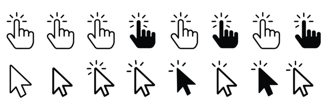 Arrow and Hand Pointer Cursor Icon Set Featuring Computer Mouse Click Symbols and Modern UI Navigation Interface Vector Illustration Collection