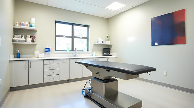 Salle d'examen v&eacute;t&eacute;rinaire moderne avec table m&eacute;dicale professionnelle, armoires propres, &eacute;vier et d&eacute;coration minimaliste, environnement clinique lumineux