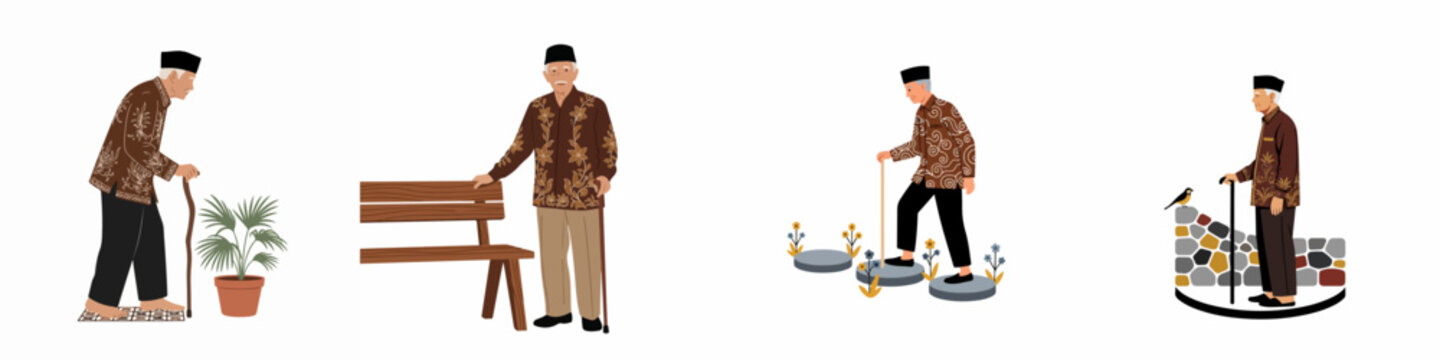 Set of illustrations of an elderly Indonesian man in batik and songkok, performing various outdoor activities with his walking stick.
