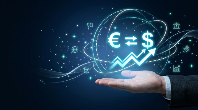 Global currency exchange and financial growth concept with euro and dollar symbols, rising graph, and digital finance icons over a businessmans hand