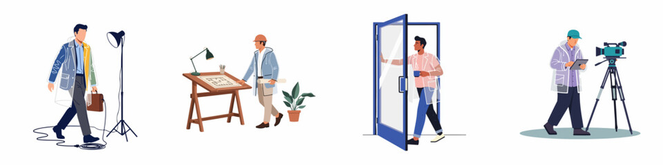 Fototapeta premium Set of vector illustrations depicting professional men in various occupations, such as architect and cameraman, all wearing protective transparent raincoats.