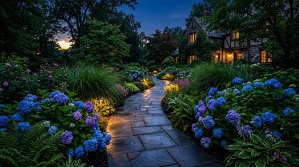 Fototapeta premium Enchanting winding garden pathway paved with smooth dark slate stones and illuminated by warm amber low-voltage landscape lighting sets.