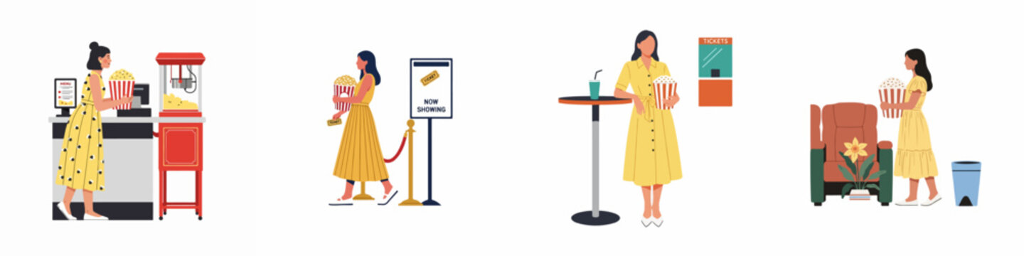 Flat illustration set of a young woman enjoying a movie theater experience, from buying popcorn to finding her seat.