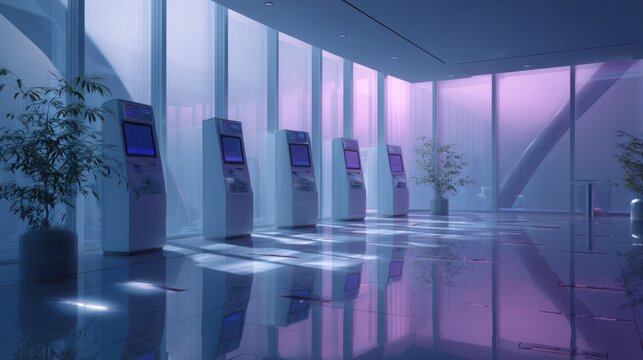 Modern information kiosks in a futuristic lobby with large windo