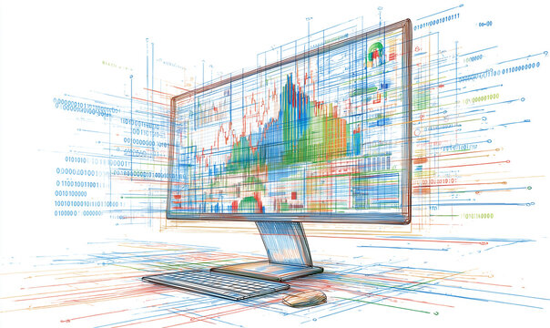 colored pencil drawing of a computer monitor with colorful charts and binary code for data analysis on white background