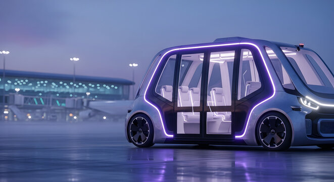 Futuristic autonomous shuttle vehicle with glowing interior lights at an airport terminal at dusk
