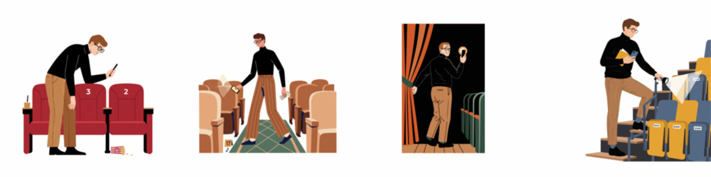 Set of illustrations showing a man navigating a cinema or theater, using a phone flashlight to find his seat and lost items.