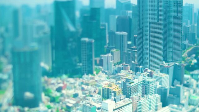 東京の超高層ビル群を望む大都会のタイムラプス　シフトレンズ逆アオリ（ミニチュア風）