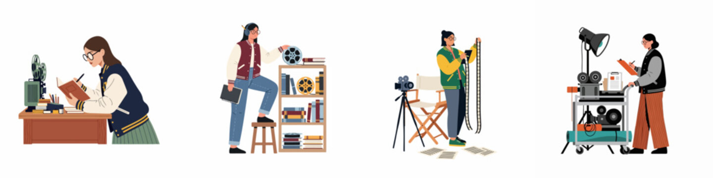 Four flat illustrations of female students and professionals working in cinema production, film archiving, scriptwriting, and managing movie equipment on a white background.