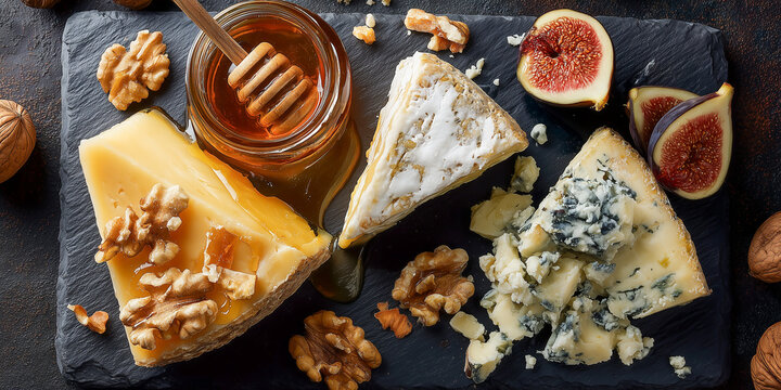 top view of gourmet cheese platter with brie parmesan blue cheese honey and walnuts on slate board