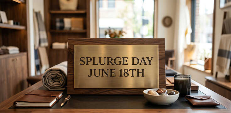 Elegant brass and wood desktop sign celebrating National Splurge Day on June 18th in a luxury boutique setting.