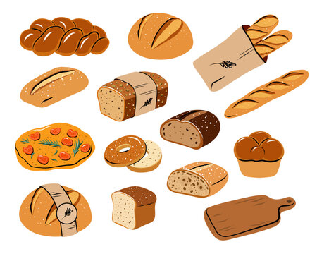 Bread and Bakery Hand Drawn Vector Illustration Set &mdash; Flat Cartoon Style Collection