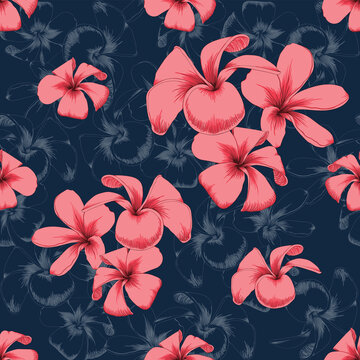 Seamless pattern of pink plumeria flowers on dark blue background
