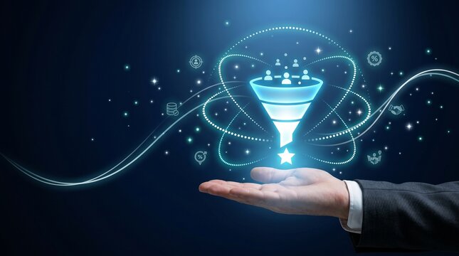 Business lead generation and sales funnel concept with digital marketing icons and human hand