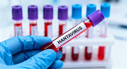 Naklejka premium Hantavirus blood sample in a test tube being held by a gloved hand, medical research and testing