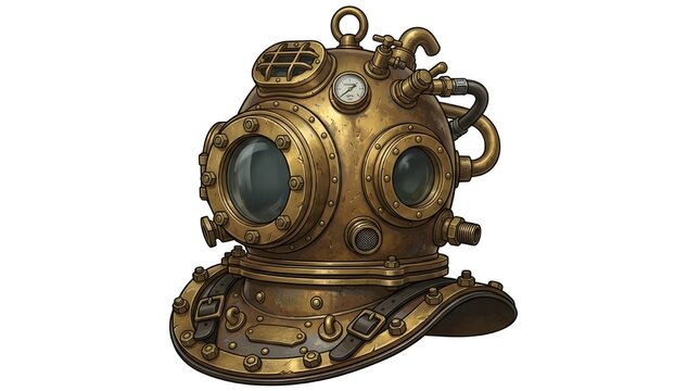 Antique brass deep sea diving helmet illustration, showcasing traditional copper details, metallic windows, bolts, and retro maritime style on a white background.
