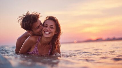 Fototapeta premium Lovely couple romantic moment. A man and woman embracing in the ocean at sunset, with the sky painted in a beautiful array of oranges, pinks, and purples. The water reflects the colors of the sky.
