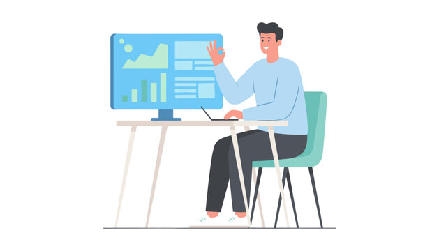 Man at desk presenting data on a large computer screen with business intelligence, business