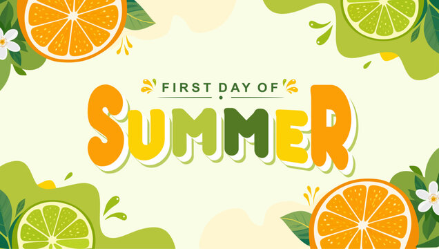 First Day of Summer banner template with citrus fruits and colorful typography. Fresh tropical illustration featuring orange and lime slices in modern flat minimalist style for seasonal promotion.