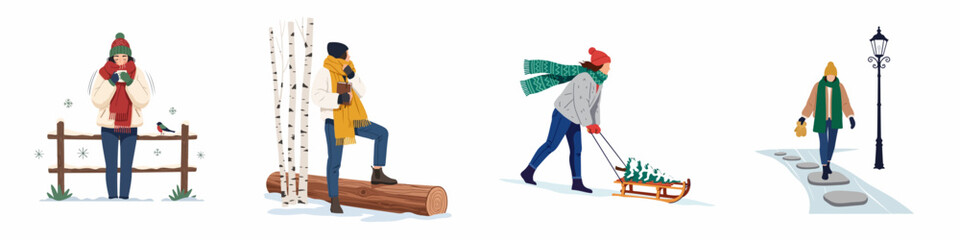 Obraz premium Set of flat illustrations featuring people enjoying various outdoor winter activities like drinking hot chocolate, hiking, and pulling a Christmas tree on a sled.