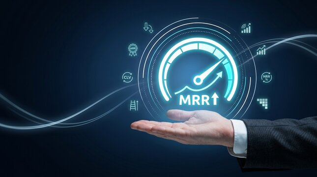Businessman hand holding a glowing speedometer icon with mrr text, symbolizing business growth, recurring revenue, and financial performance metrics