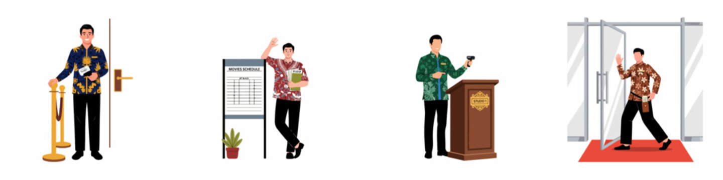 Indonesian cinema staff in traditional batik shirts performing various roles including checking tickets and greeting customers, flat vector illustration.