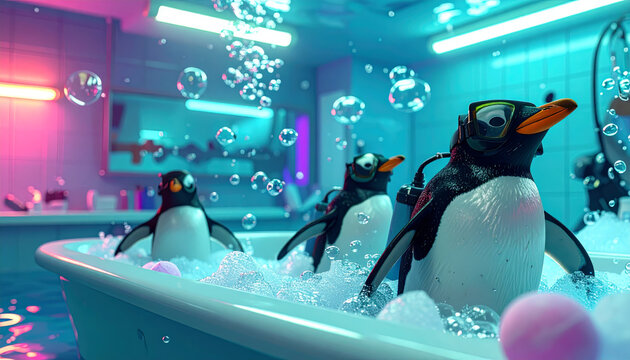 Penguins in Scuba Gear Playfully Exploring a Bathtub Filled with Fizzy Bubbles