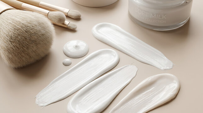 Smooth cosmetic creams and essential makeup tools displayed beautifully, emphasizing purity and a gentle touch for a pristine beauty and wellness scene